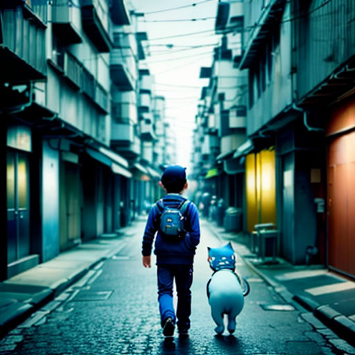 a person walking down a street with a cat on a leash next to a cat shaped object in the middle of the street