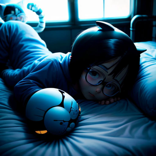 a young girl laying on a bed with a cat head pillow on it's side and a cat shaped light on her face
