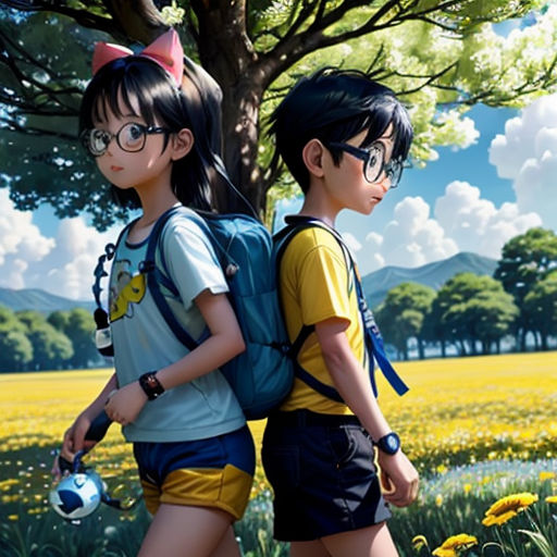 two children walking in a field with a tree in the background and a field of flowers in the foreground