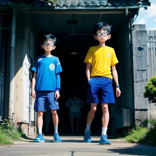 two young boys standing in front of a building with a door open to a small building with a door and a roof
