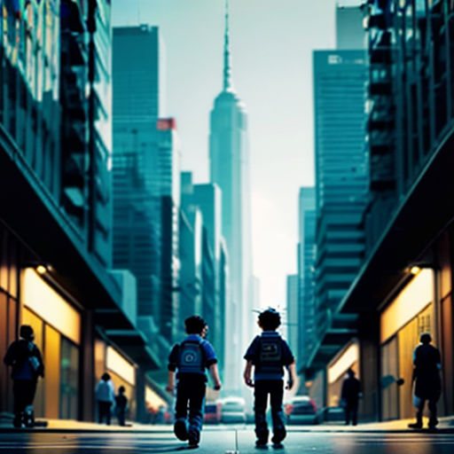 two police officers walking down a city street in the middle of the day with tall buildings in the background