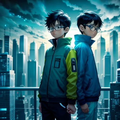 two boys standing in front of a city skyline with a sky background and a cloudy sky in the background