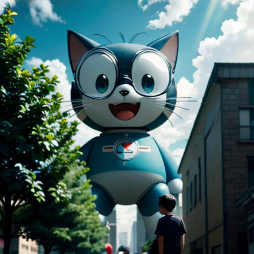 a large cat balloon is in the air above a man walking down a street with a dog in front of it