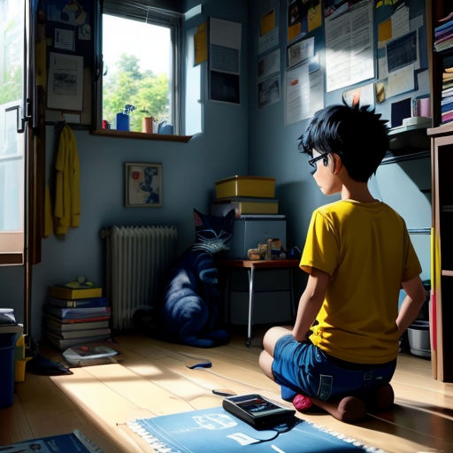 a boy sitting on the floor looking at a cat in a room with a window and a cat on the floor