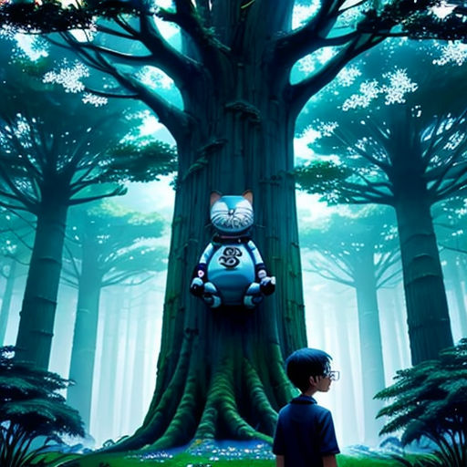 a boy standing in front of a tree with a cat on it's head in the middle of a forest