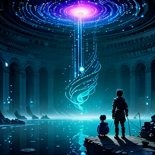 a man standing on top of a pier next to a lake under a neon sky filled with stars and a spiral