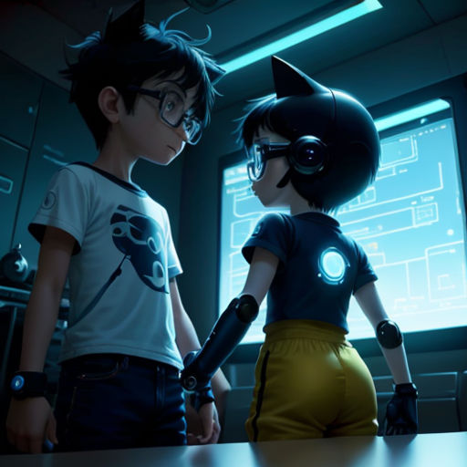 a boy and a girl in a room with a cat on their head and a cat on their shoulder