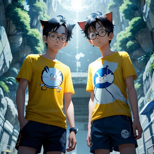 two young boys wearing glasses and yellow shirts standing in front of a tunnel with a cat on it's chest