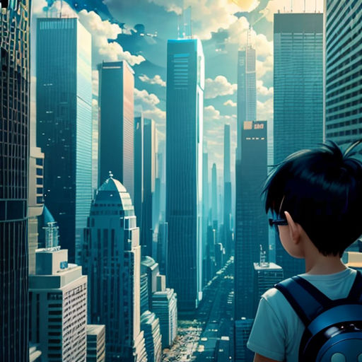 a boy with a backpack looking at a city with skyscrapers and clouds in the sky with a sun in the sky