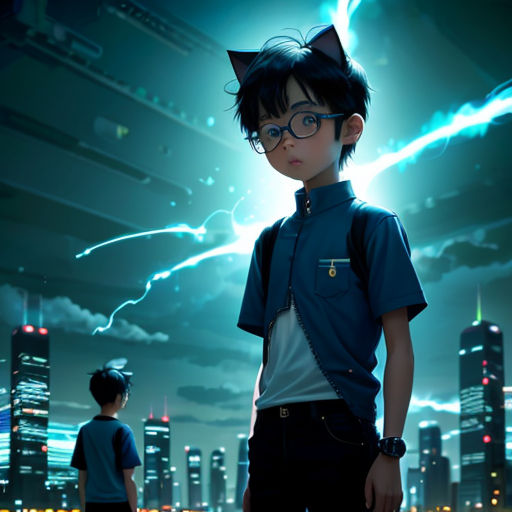 a boy with glasses standing in front of a cityscape with lightning in the sky and a cat on his shoulder