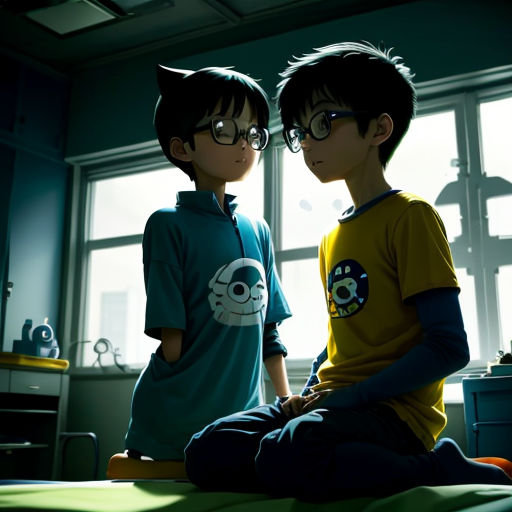 two young boys sitting on a bed in a room with a window and a green blanket on the floor