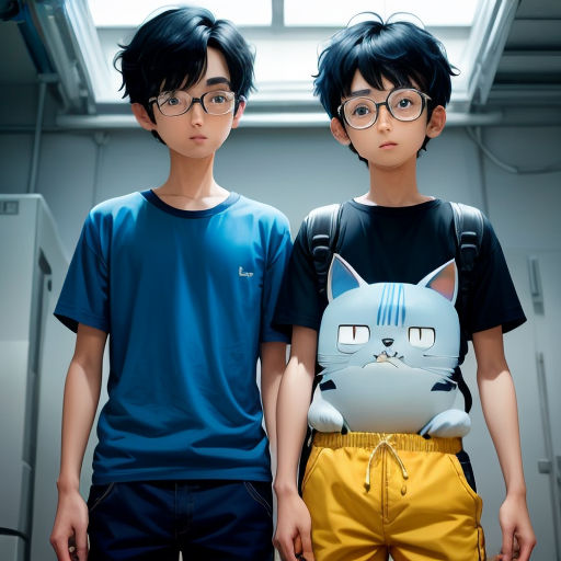 two young boys standing next to each other wearing glasses and a cat t - shirt on their chest and a cat backpack on their back