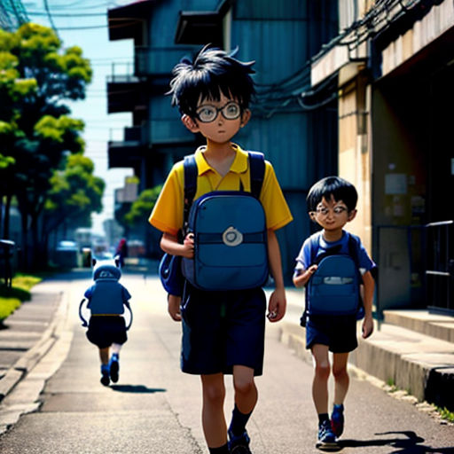 two children walking down a street with backpacks on their backs and one child carrying a backpack on his back