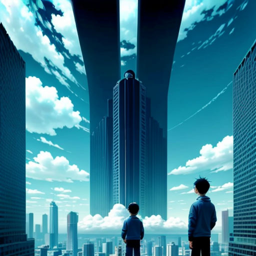 two people standing in front of a tall building with a sky background and clouds in the sky above them