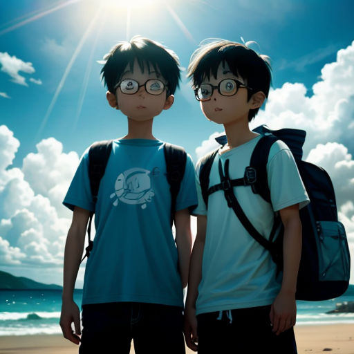two young boys standing on a beach with a backpack on their shoulders and a backpack on their shoulder, both wearing glasses