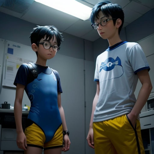 a boy and a girl in a room with a light on the ceiling and a computer screen in the background