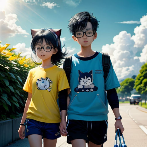 a couple of people that are walking down a street together with a bag and a purse in hand and a cat on the back of the shirt