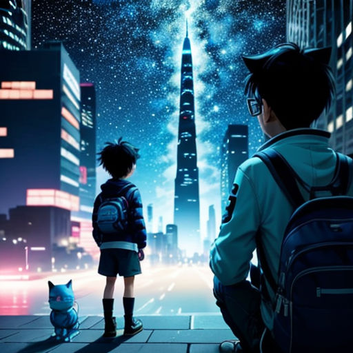 a boy and a girl looking at the stars in the sky over a city at night with a cat