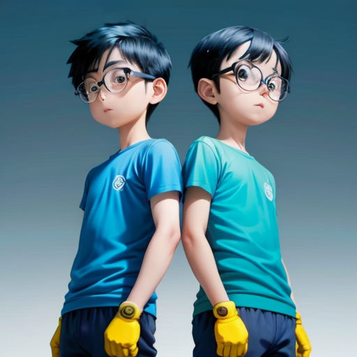 two young boys wearing glasses and yellow gloves are standing together in front of a blue background with a gray background