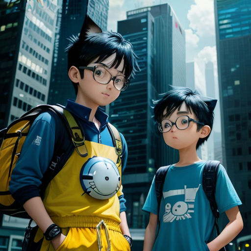 two young boys standing next to each other in front of a cityscape with skyscrapers in the background