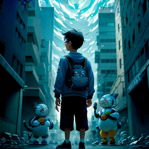 a boy standing in a alley between two buildings with a giant blue object in the background and a smaller blue object in the foreground