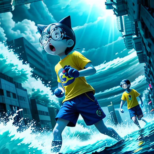 a cartoon character running through a city with a cat on his head and a cat on his chest,