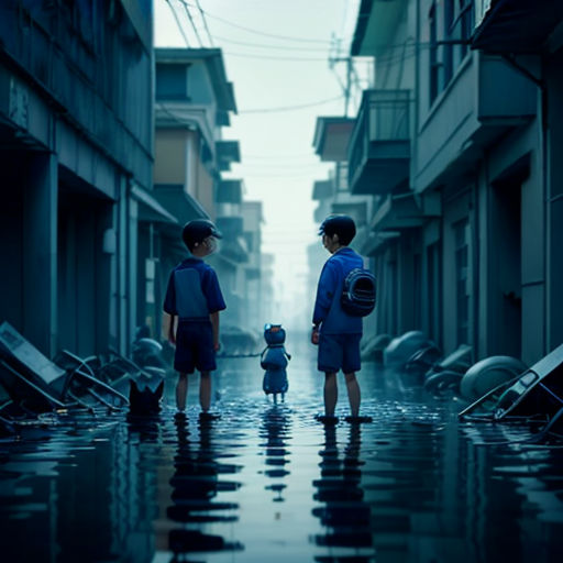 two boys standing in a flooded street with a backpack on their shoulders and a backpack on their shoulder, with a blue background