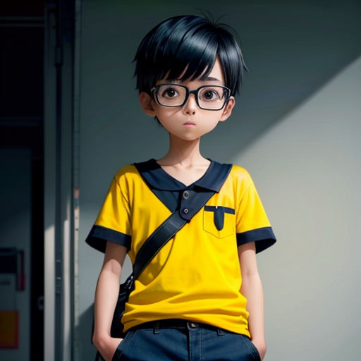 a young boy wearing glasses and a yellow shirt with a black tie and suspenders stands in a room
