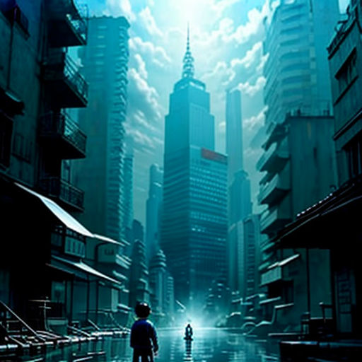 a man standing in the middle of a city street with tall buildings in the background and a sky filled with clouds