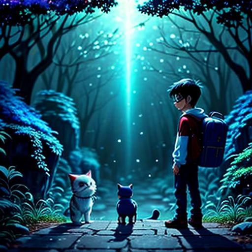 a boy and a cat standing in the woods with a light shining on them and a dog looking at them
