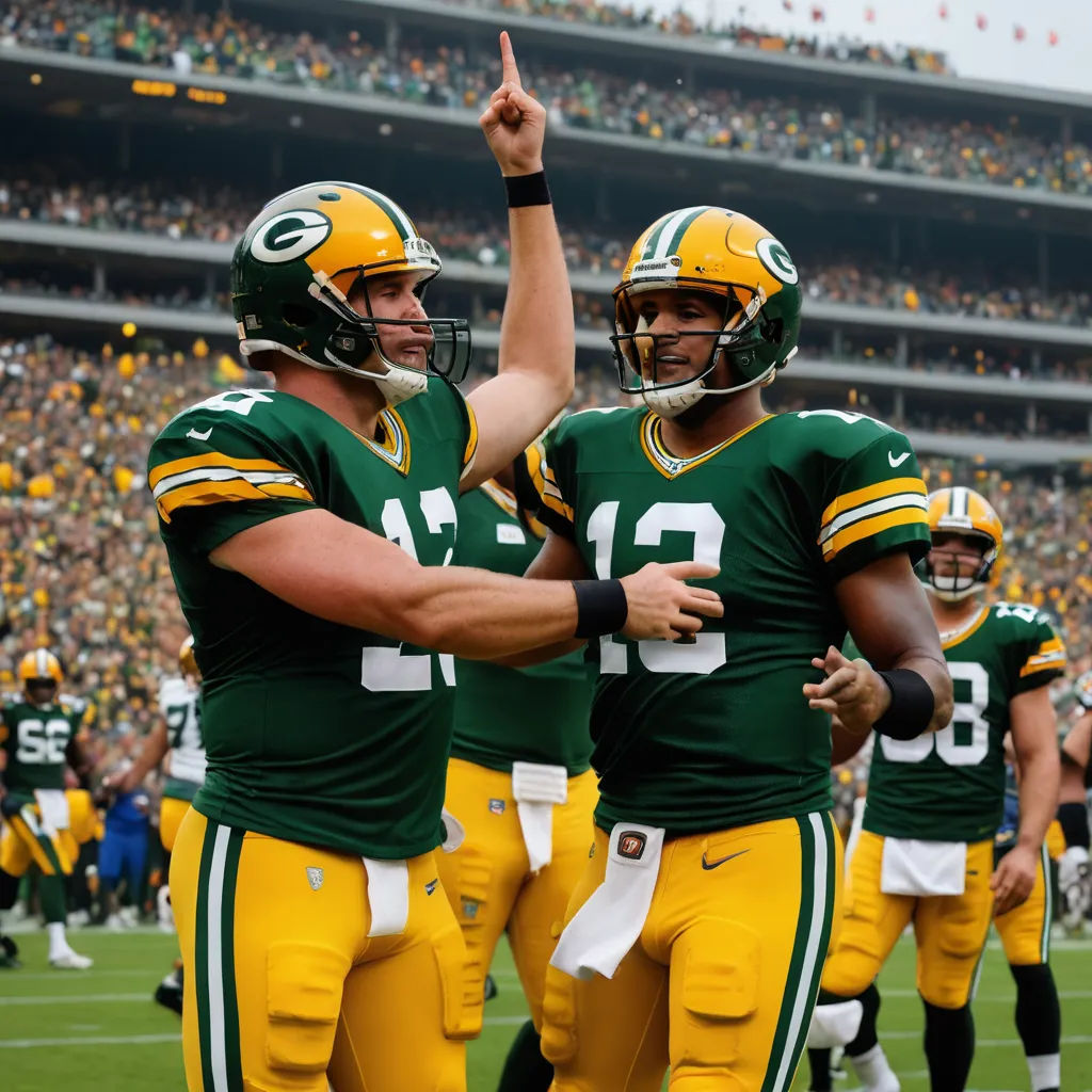 two green bay packers are giving each other a high five on the field at a football game in a stadium, antipodeans, a stock photo, Darrell Riche, turnaround