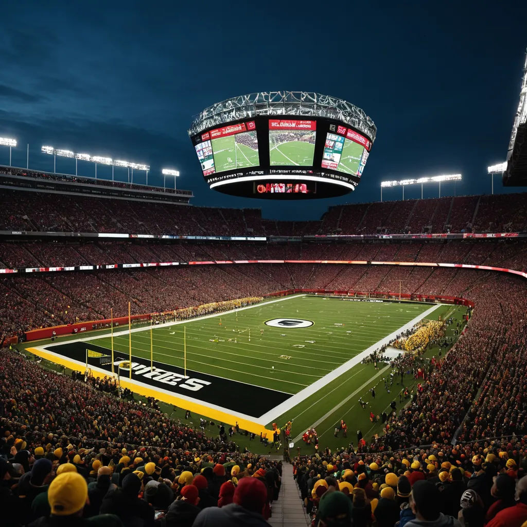 a stadium filled with people watching a football game at night with a large screen on the side of the field, superflat, a digital rendering, Arlington Nelson Lindenmuth, unreal engine render