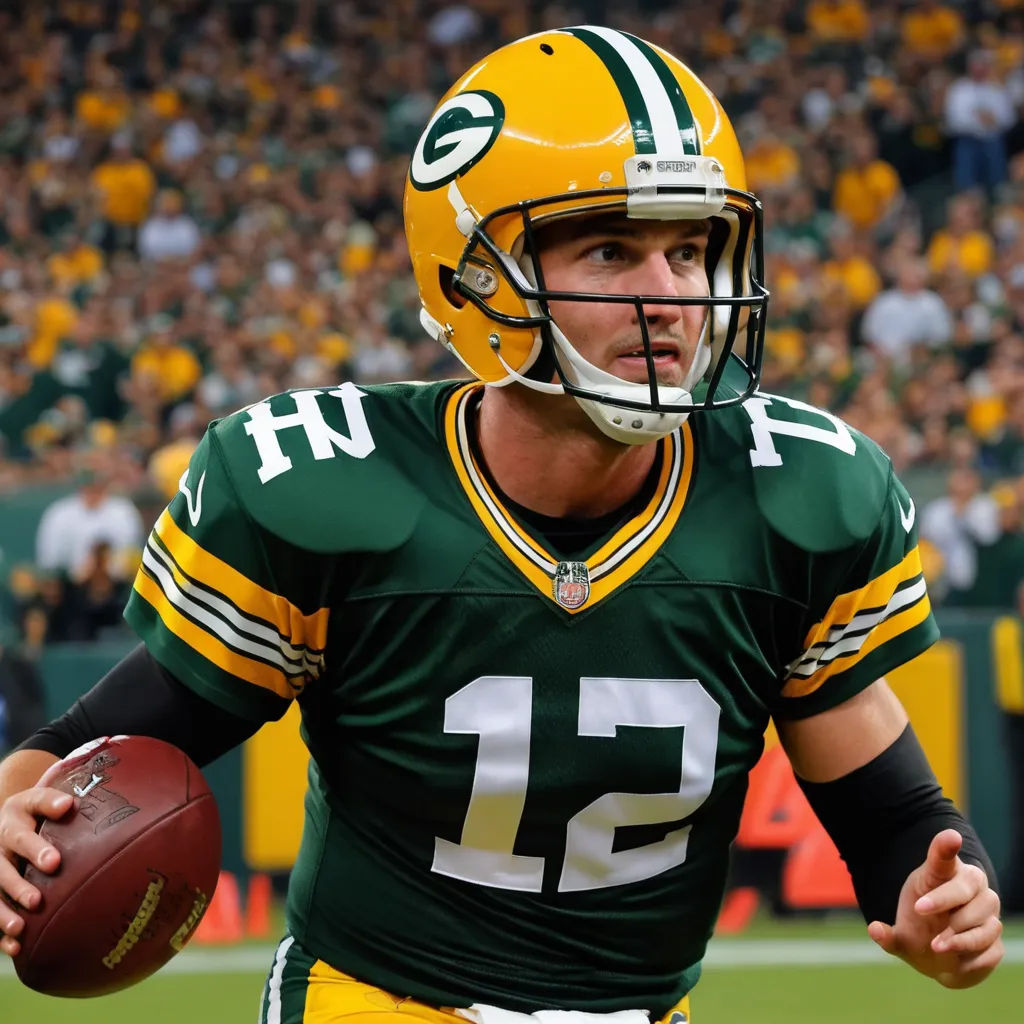 a man in a green and yellow uniform holding a football on a field with a crowd in the background, antipodeans, a cave painting, Aaron Bohrod, turnaround