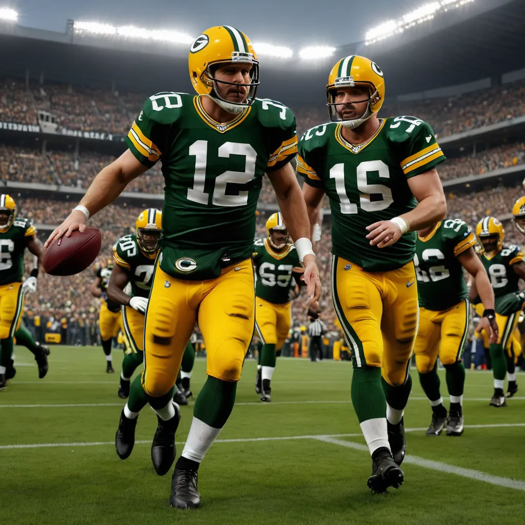 a group of men in green and yellow uniforms running on a field with a football in hand and a crowd of people in the background, antipodeans, a microscopic photo, Darrell Riche, turnaround