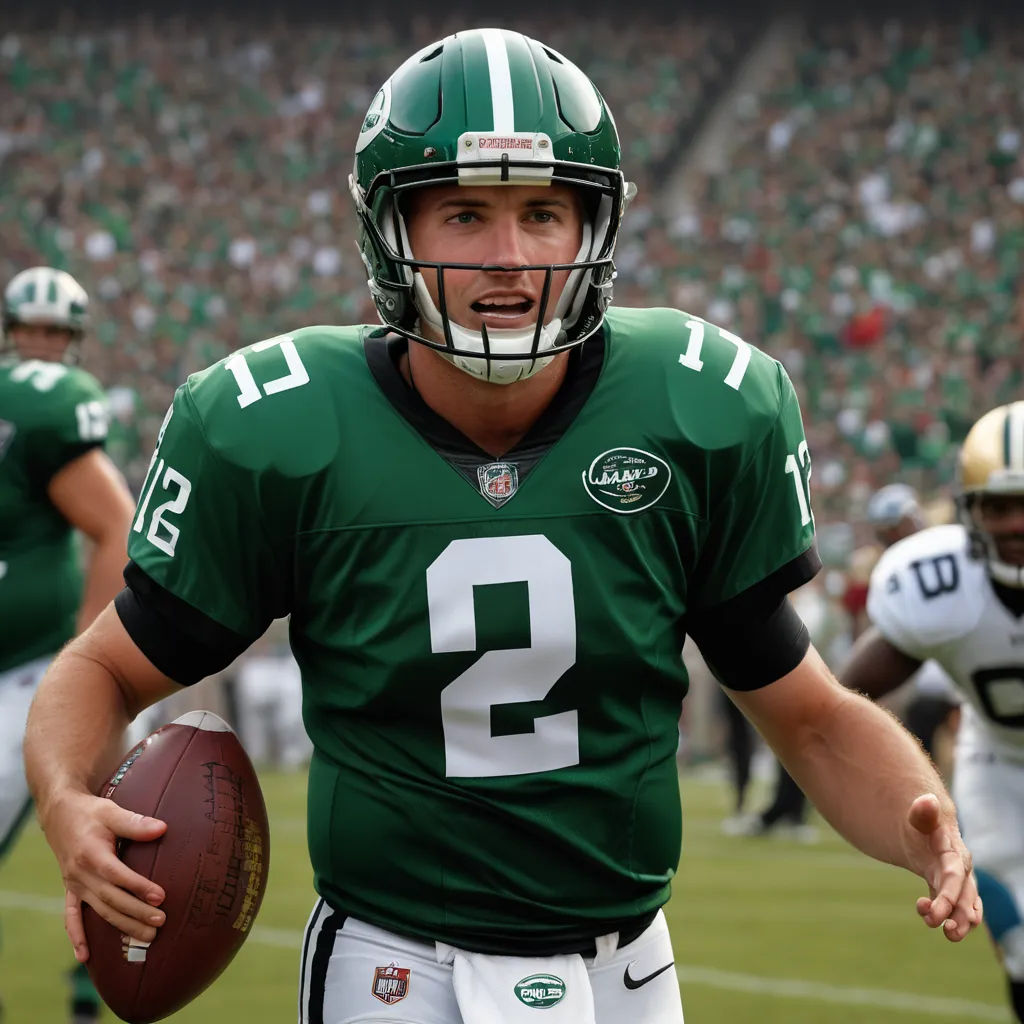 a football player holding a football on a field with a crowd in the background and a football player in the foreground, superflat, a stock photo, Art Fitzpatrick, turnaround