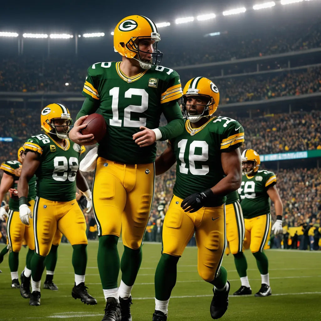 a group of green bay packers running onto the field with a football in hand and a football in the other hand, antipodeans, a renaissance painting, Darrell Riche, turnaround