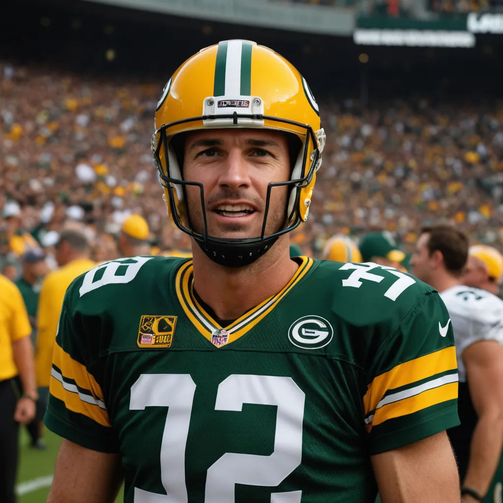 a man in a green and yellow uniform on a field with a football helmet on and a crowd in the background, superflat, a microscopic photo, Eric Dinyer, mitchell mohrhauser