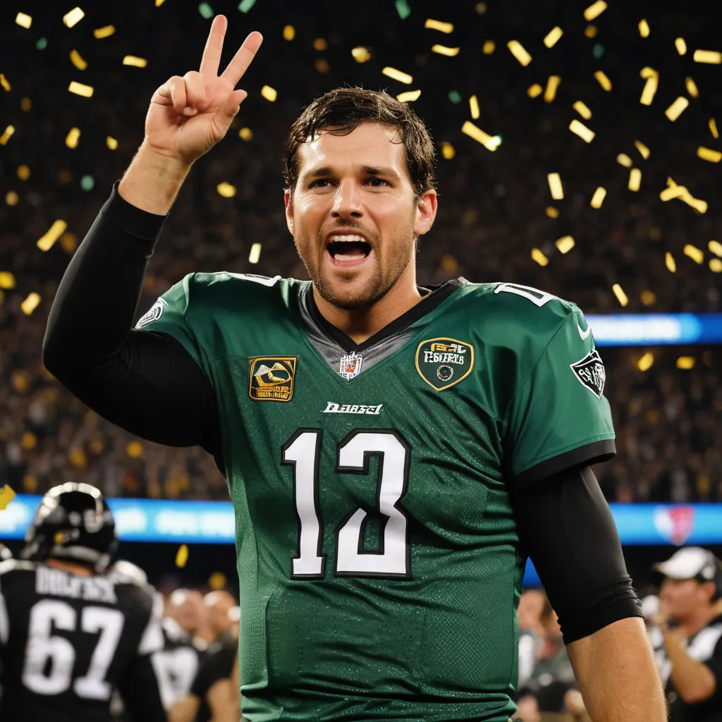 a man in a green jersey is holding a trophy and celebrating with confetti in the air in front of a crowd, superflat, a stock photo, Dan Scott, turnaround