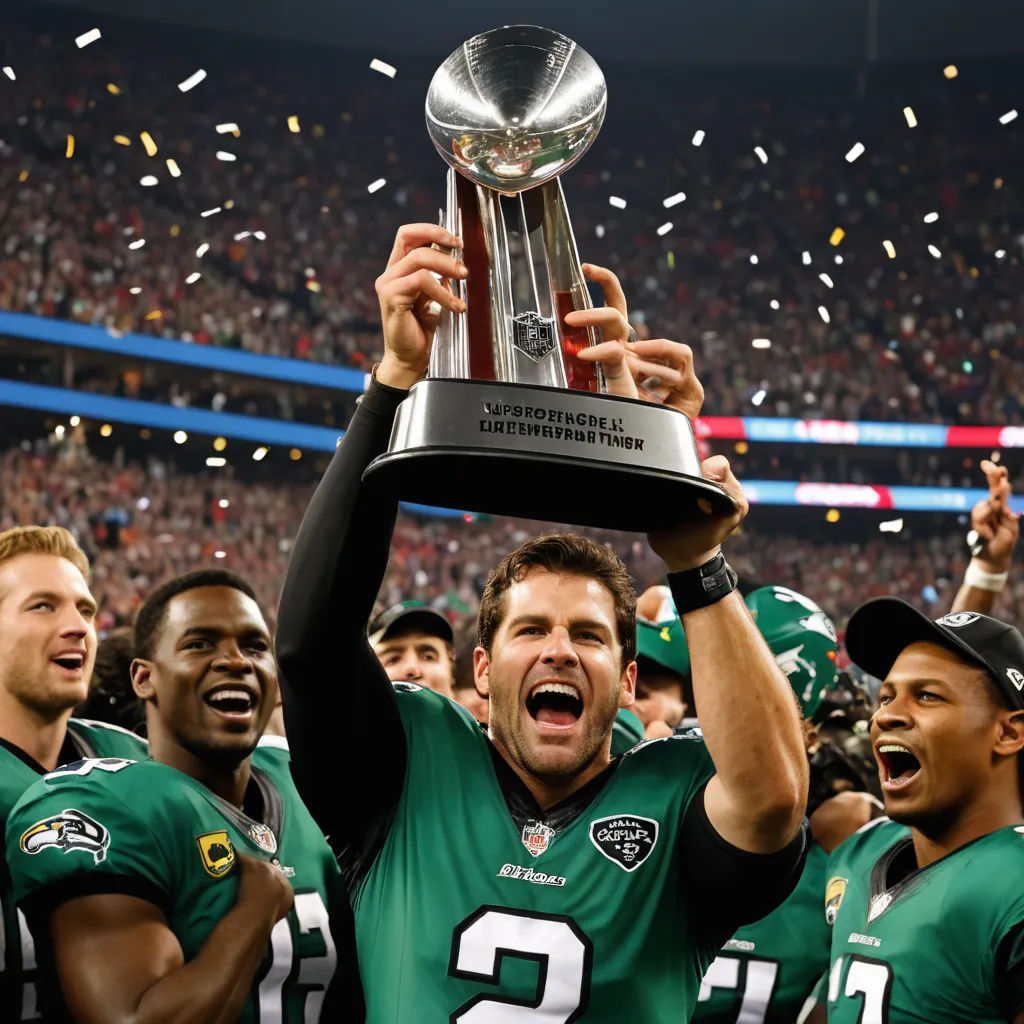 a football player holding a trophy in front of a crowd of people in a stadium with confetti, symbolism, a poster, Dan Scott, turnaround
