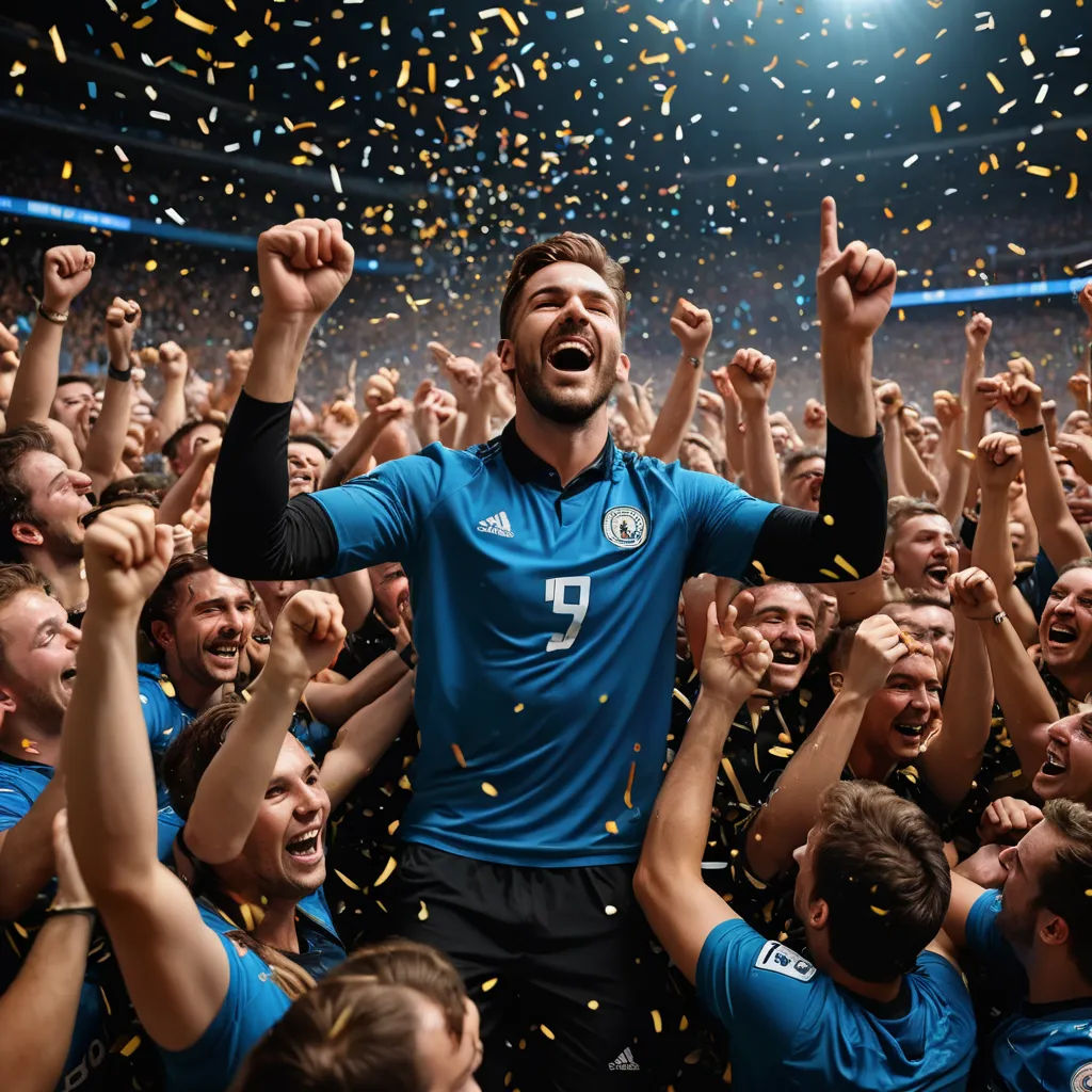 a man is surrounded by his team mates and confetti as he holds his hands up in the air, renaissance, a renaissance painting, Dan Content, award - winning photo