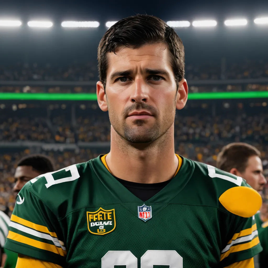 a man in a green and yellow uniform in a stadium with a green and yellow football jersey on his left shoulder, hyperrealism, a tilt shift photo, Aaron Miller, mitchell mohrhauser