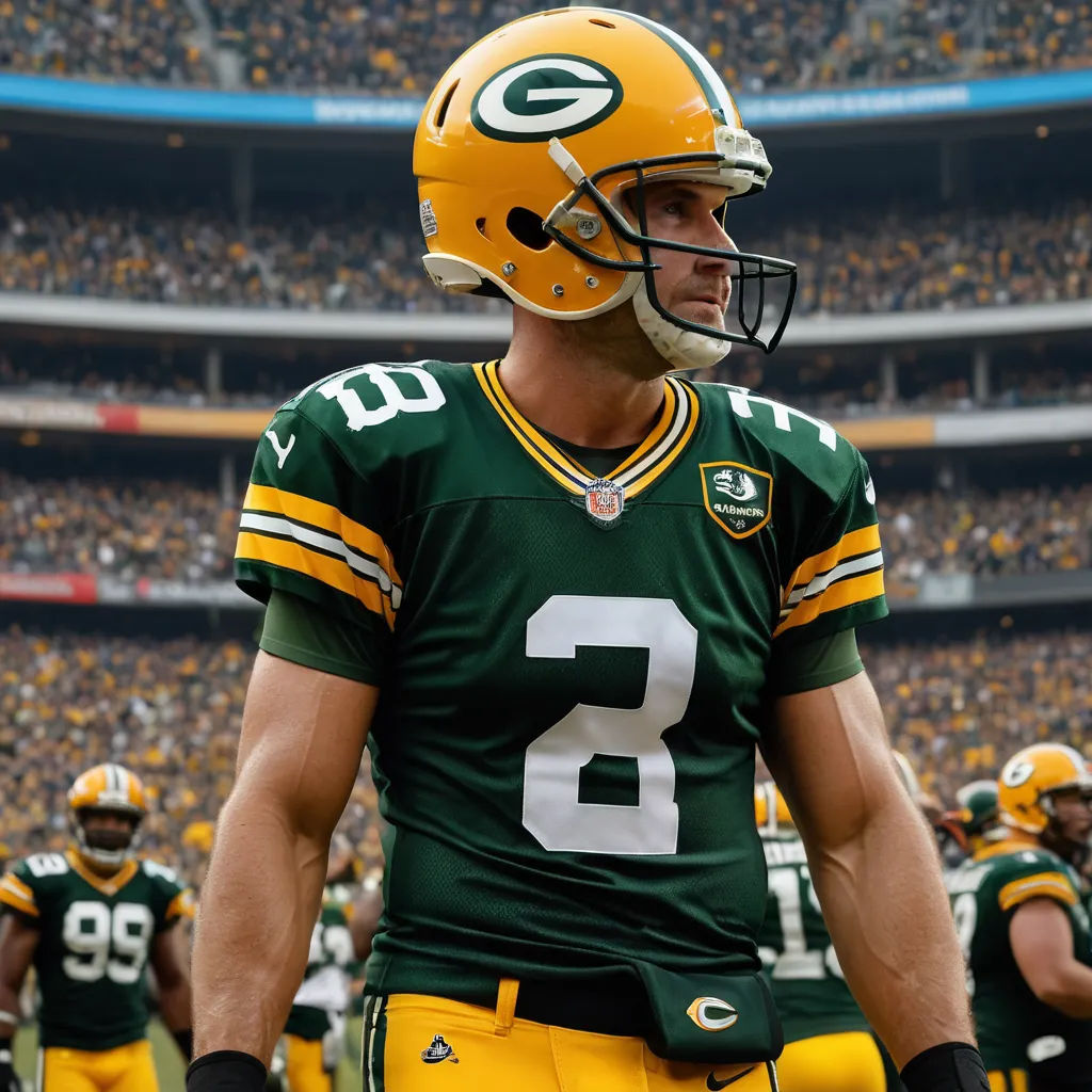 a football player in green and yellow uniform standing in a stadium with other players in the background and a stadium full of people, antipodeans, a microscopic photo, Aaron Bohrod, elite