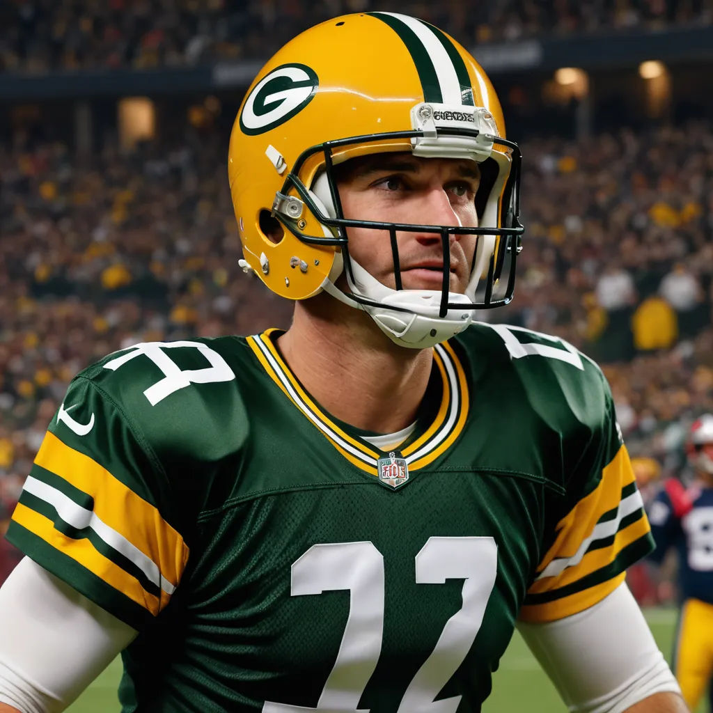 a green bay packers football player wearing a helmet and uniform on the field in a stadium with fans in the stands, antipodeans, a photo, Aaron Bohrod, moss