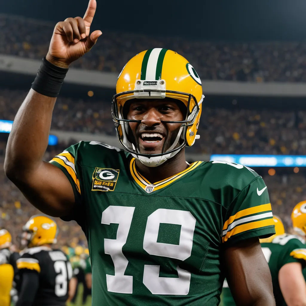 a football player is giving the peace sign at a game with his team mates in the background and a stadium full of fans, rayonism, a microscopic photo, Art Green, moss