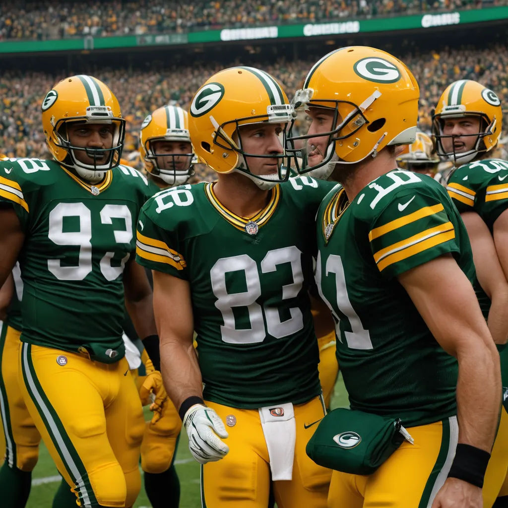 a group of green bay packers standing on a field together in uniform with helmets on and a football in the background, antipodeans, a renaissance painting, ESAO, elite