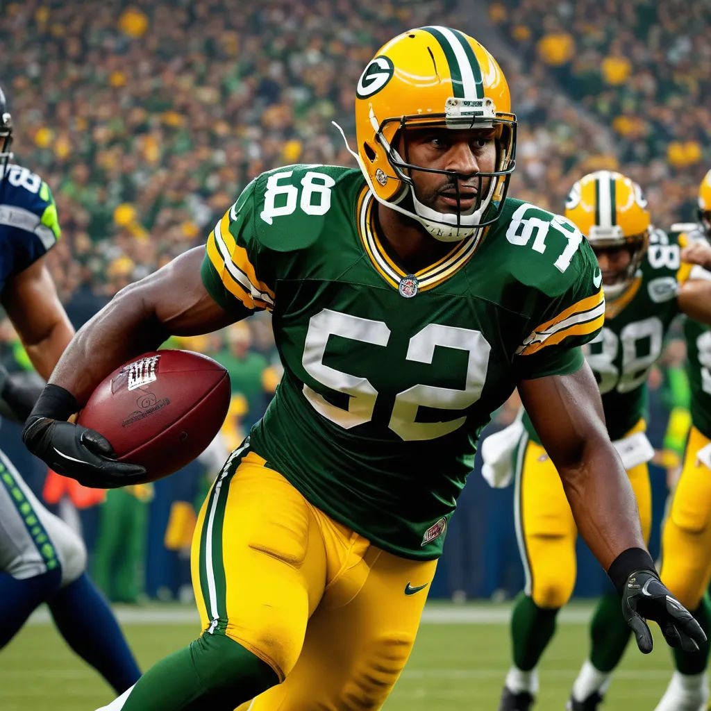 a football player running with a ball in his hand and a green and yellow uniform on his body and a green and white uniform on his chest, photorealism, a digital rendering, Chris LaBrooy, unreal engine 5 highly rendered