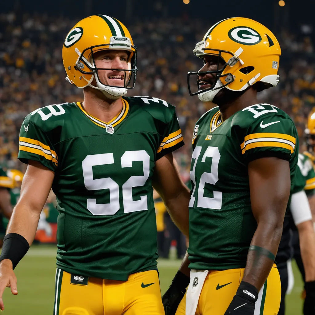two green bay packers players are standing together on the field at a football game, one is wearing a green and white uniform, antipodeans, a renaissance painting, Art Green, elite