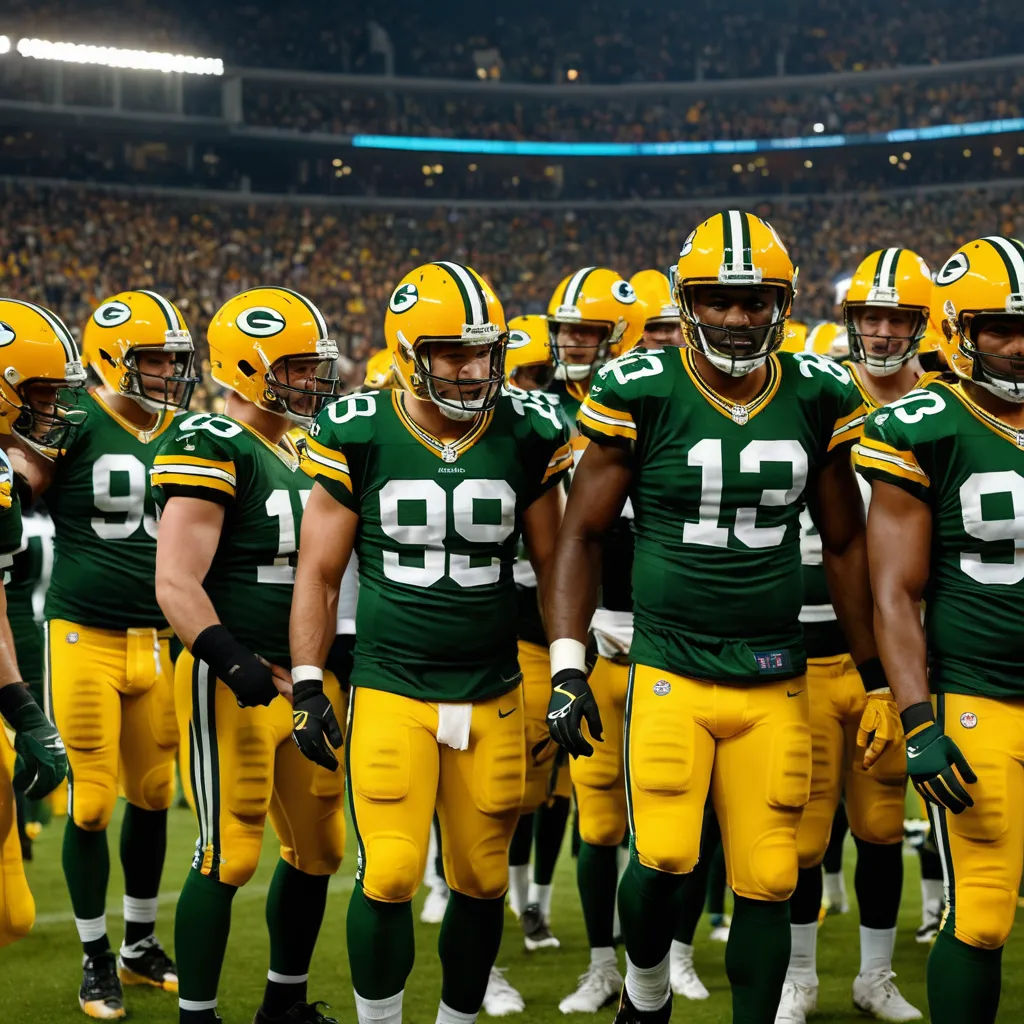 a group of green bay packers standing on a field together in a line with helmets on and numbers on, antipodeans, a renaissance painting, Art Green, elite