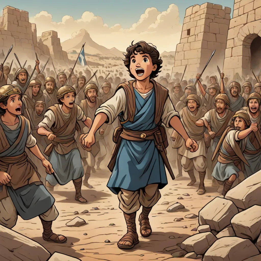 a cartoon of a man in a roman army with a crowd of people behind him and a man in a blue shirt, Asaf Hanuka, fantasy art, a storybook illustration, official art