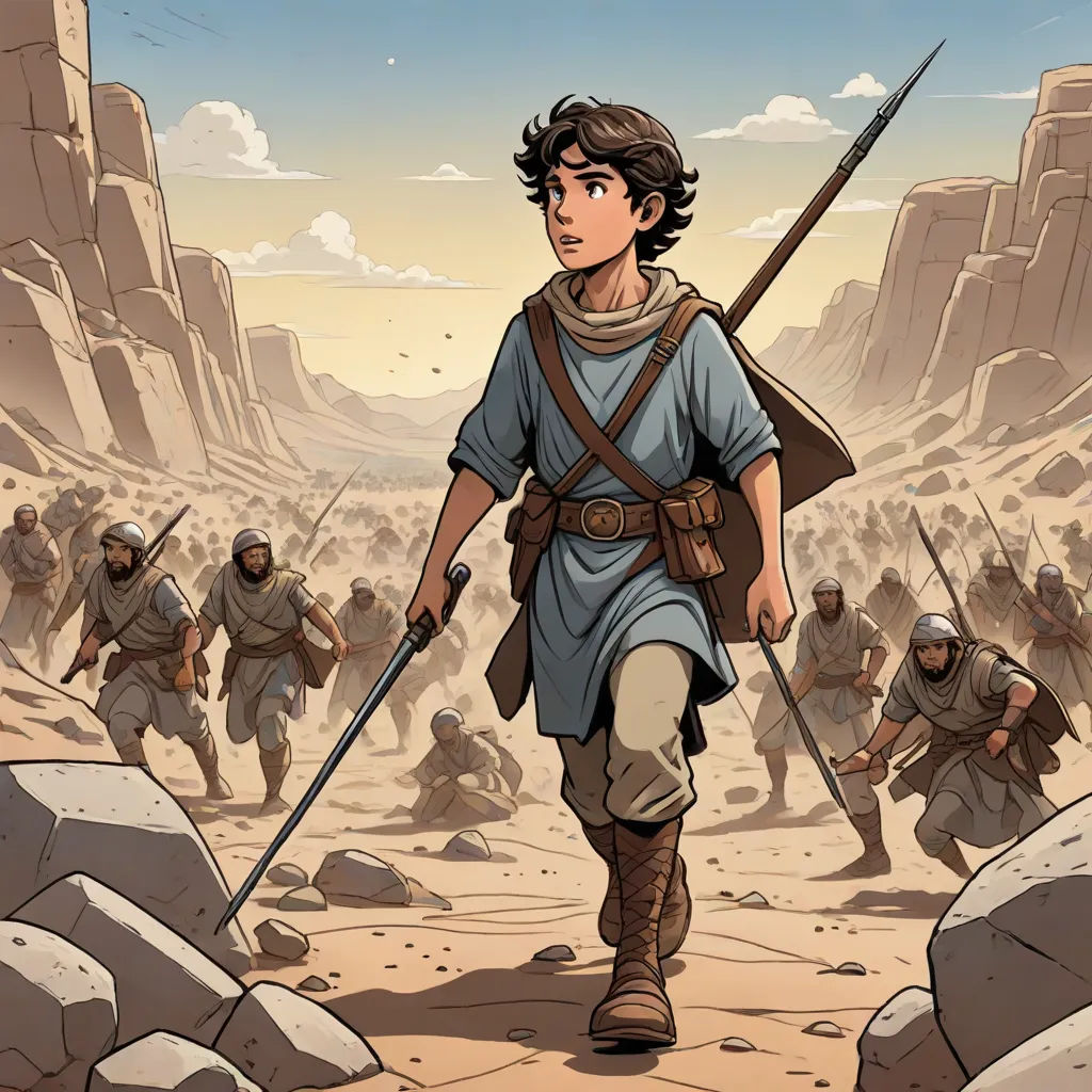 a man with a sword walking through a desert area with other men in the background and a sky background, Asaf Hanuka, hurufiyya, concept art, comic cover art